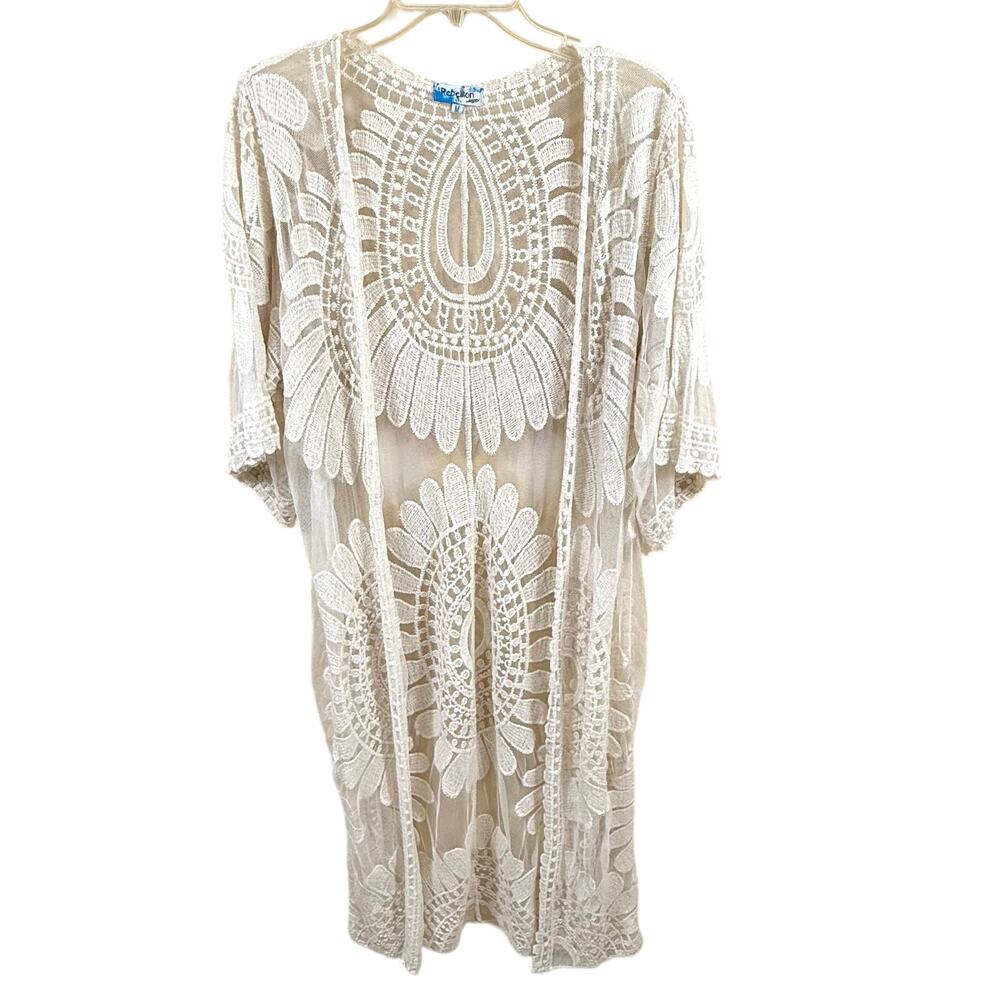 Rebellion Again Boho Lace Cover Up Caftan Kimono Duster Ivory Womens Size M